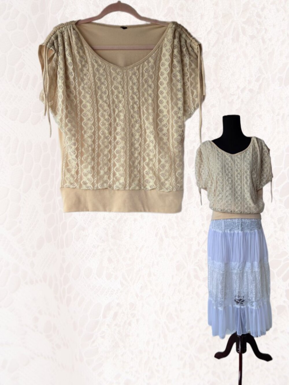 Beige Lace Blouse Dolman Sleeve Boho Romantic Cottage Balletcore
